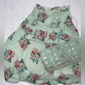 Lehenga- Indian, Punjabi party suit. Floral mint green. Printed flowers.